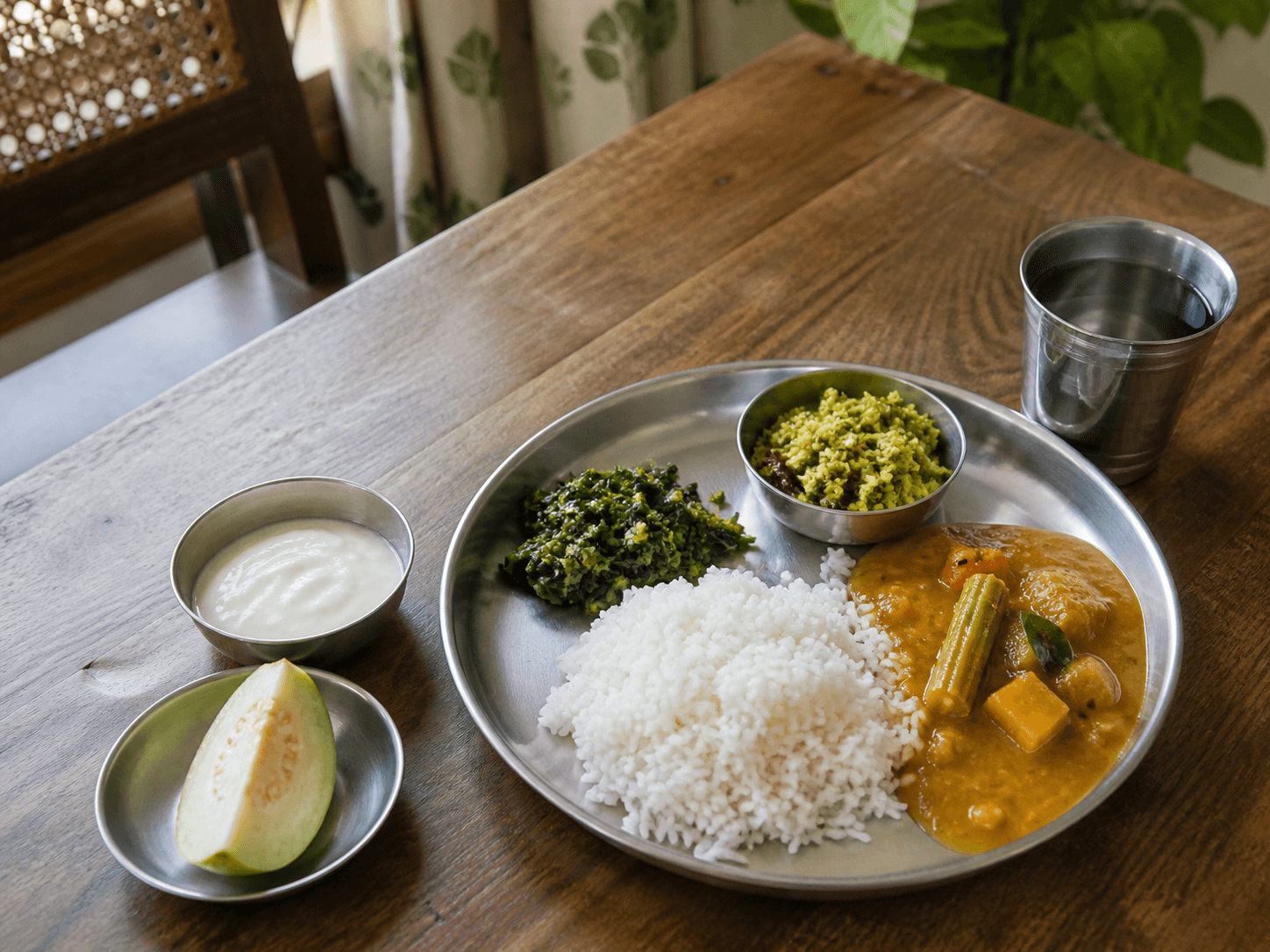An everyday South Indian meal with rice, vegetables, sambar, curd, fruit, and water