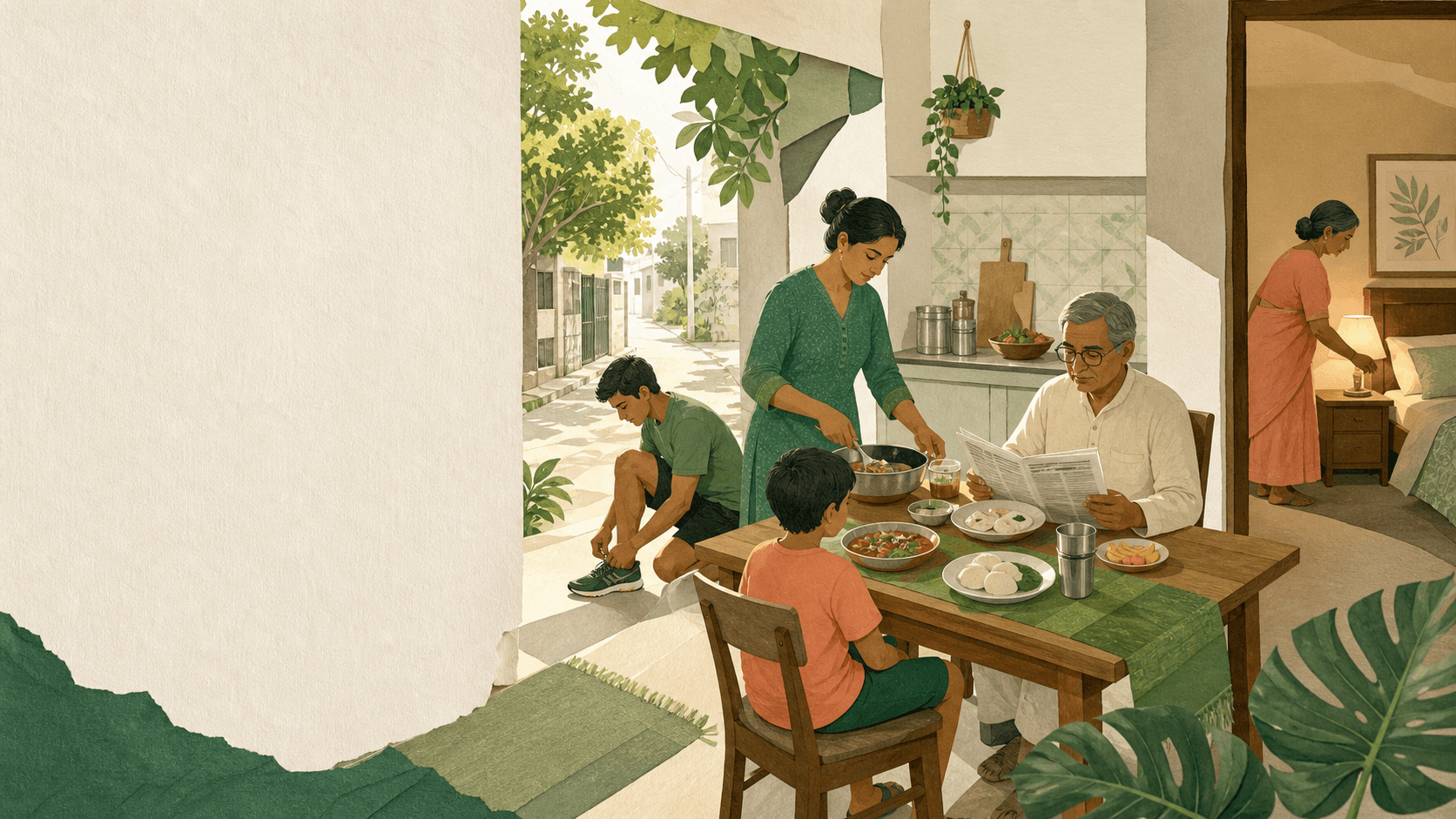 Editorial illustration of ordinary food, walking, water, and rest habits in a Tamil Nadu home
